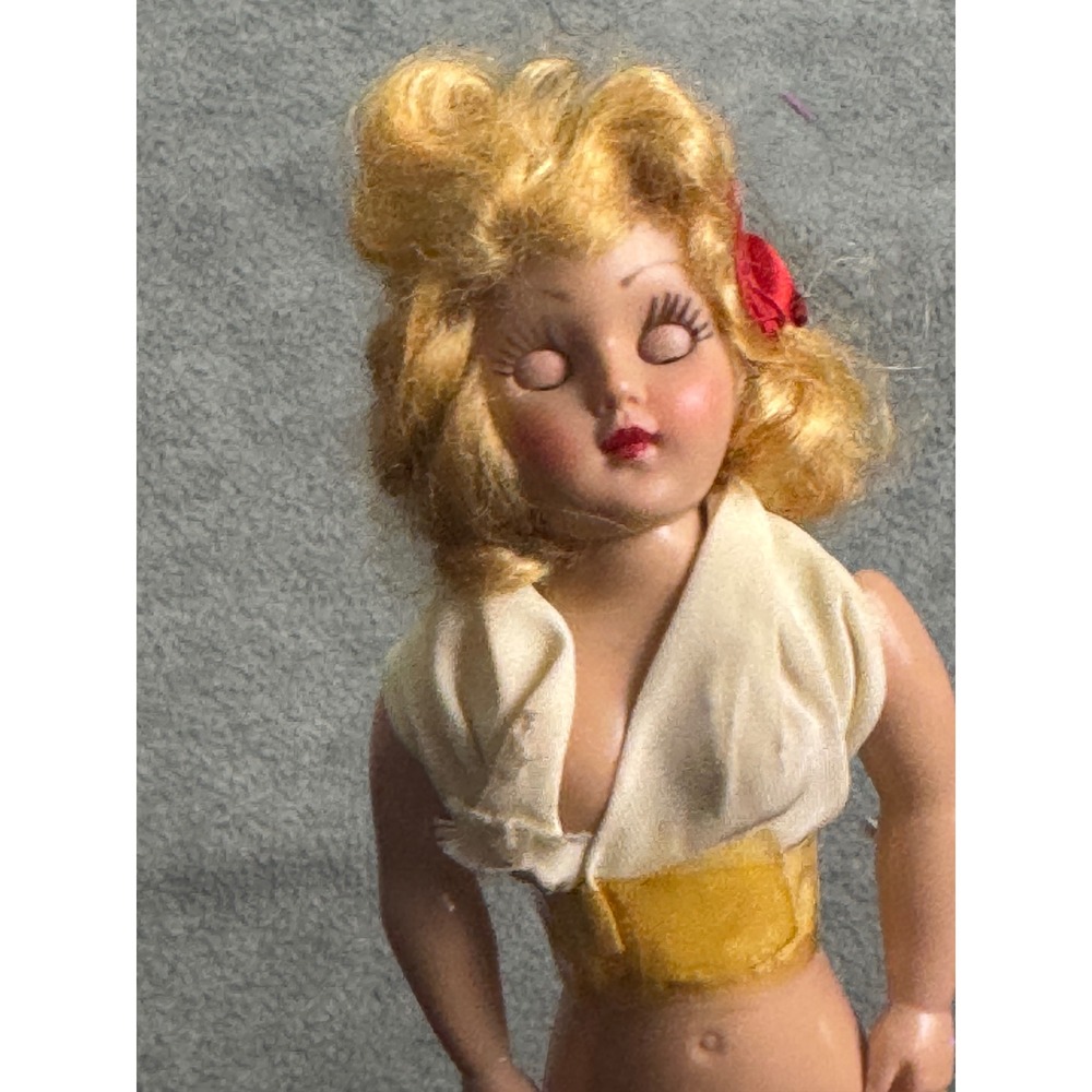 Vintage Hard Plastic Blonde Doll 7.5 Inch Sleep Eyes Red Bow Cream Top